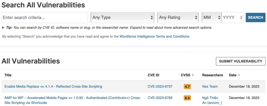 Wordfence WordPress Vulnerability Database